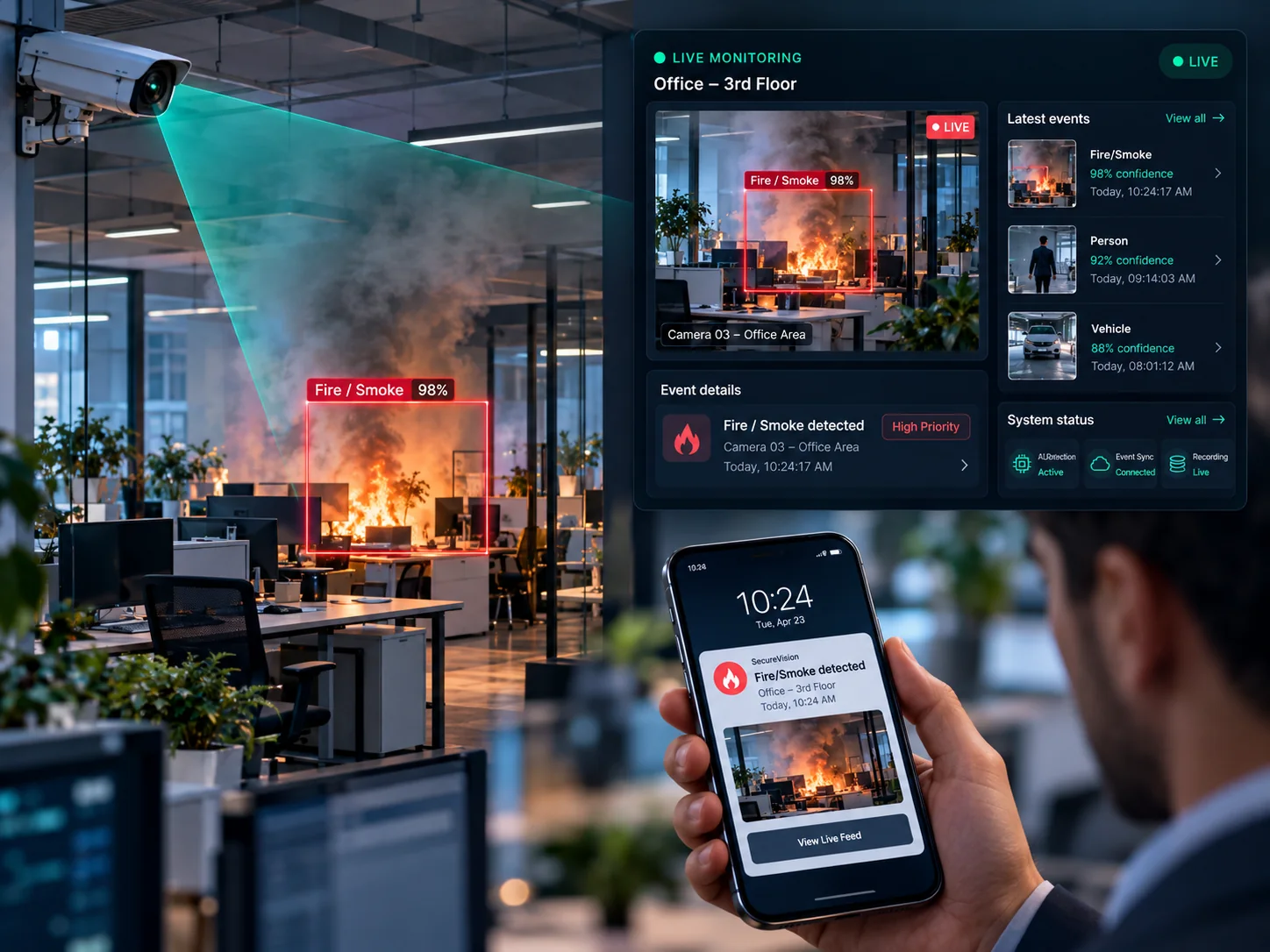 AI-generated illustration: Office fire alerts to mobile