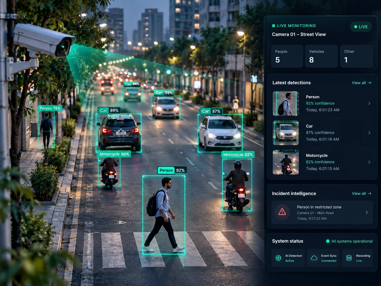 AI-generated concept of road surveillance with vehicle and person detection
